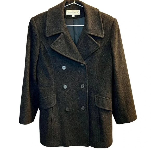 Jones New York Wool Cashmere Blend Dark Gray Double Breasted Coat Size 12 - Picture 1 of 14